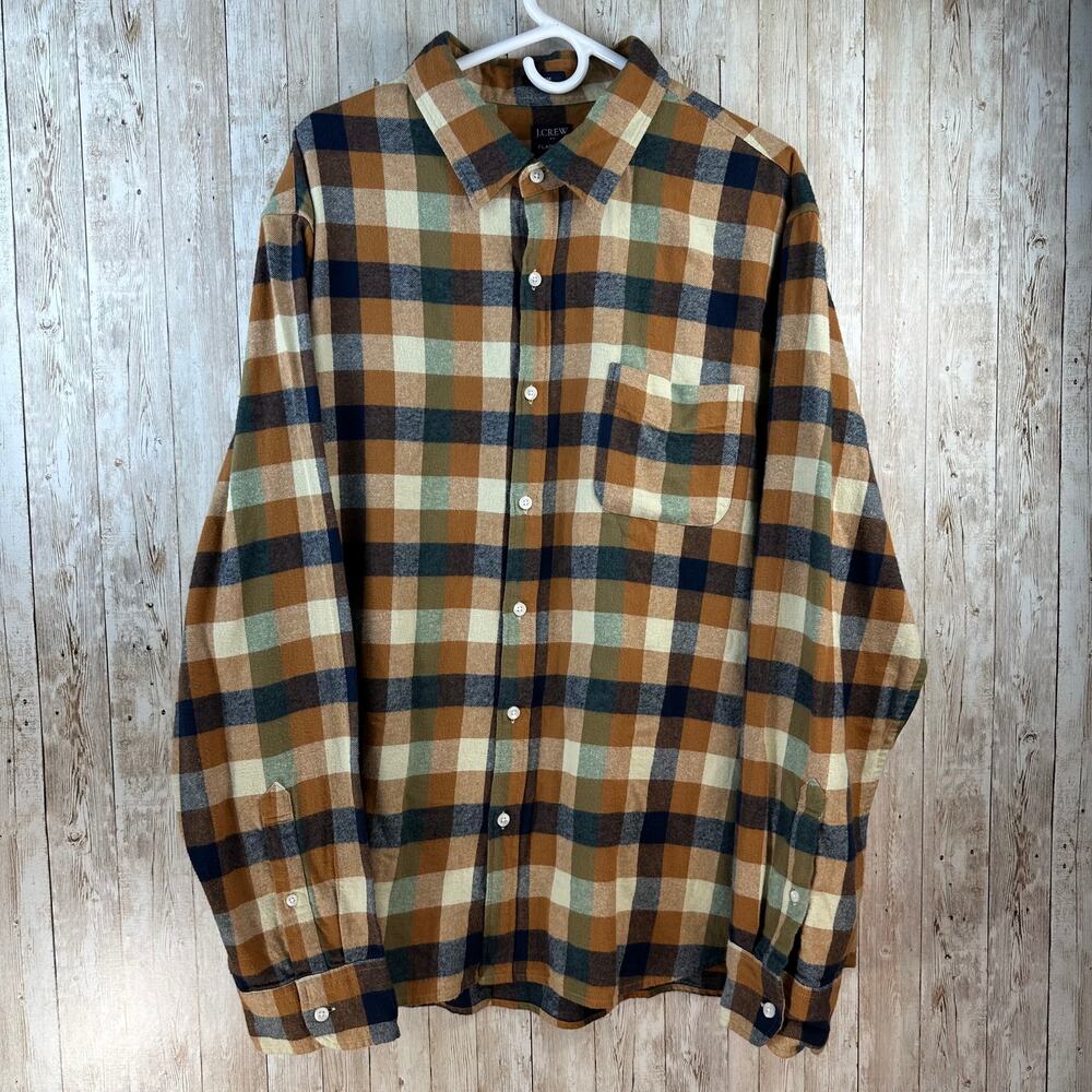 J. Crew Flannel Shirt Mens size 2XL Orange Navy Plaid Slim Fit Button Shirt‎